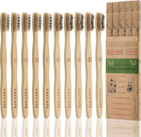 10 Count Bamboo Toothbrushes (Toothbrush Soft+Toothbrush Medium) Charcoal Toothbrushes - Natural Wood Toothbrushes Bulk, Reusable Travel Toothbrus...