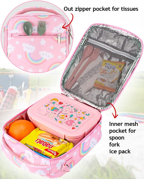 Lunch Box for Kids Girls Insulated Lunch Bag with Shoulder Strap and Pocket Pink Cute Lunch Cooler Thermal Meal Lunch Tote Bag for School Travel O...