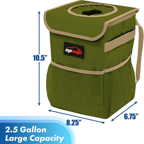 EPAuto Waterproof Car Trash Can with Lid and Storage Pockets, 2.5 Gallon Leakproof, Green...