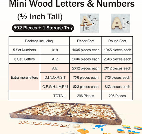 Cregugua 592 Pieces 1/2 Inch Mini Wooden Alphabet Letters and Unfinished Wood Numbers with Rustic Storage Tray for Scrapbooking DIY Crafts Homemad...