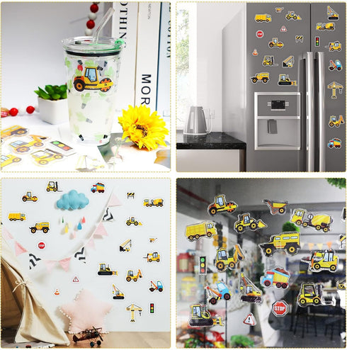 Tevxj Construction Vinyl Gel Clings, 20 Pcs Yellow & Black Transportation Stickers for Kids, Reusable Wall & Window Decor, Airplane, Truck Decals,...