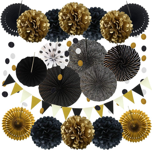 ZERODECO Party Decoration, 21 Pcs Black and Gold Hanging Paper Fans, Pom Poms Flowers, Garlands String Polka Dot and Triangle Bunting Flags for Bi...