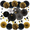 ZERODECO Party Decoration, 21 Pcs Black and Gold Hanging Paper Fans, Pom Poms Flowers, Garlands String Polka Dot and Triangle Bunting Flags for Bi...