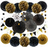 ZERODECO Party Decoration, 21 Pcs Black and Gold Hanging Paper Fans, Pom Poms Flowers, Garlands String Polka Dot and Triangle Bunting Flags for Bi...