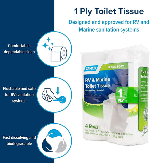 Camco Marine & RV Toilet Paper - 4-Rolls - 1-Ply Quick Dissolve RV & Marine Septic Safe Bath Tissue - Dye & Fragrance Free - 280 Sheets Per Roll (...