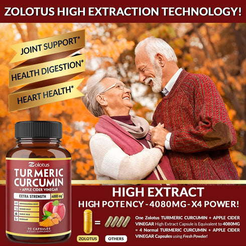 7 in 1 Turmeric Curcumin + Apple Cider Vinegar Capsules, Equivalent to 4080mg, 3 Month Supply with Ashwagandha, Ginger, Garlic Bulb, 95% Standardi...