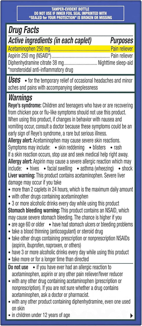 Excedrin PM Sleep Aid with Headache Relief Caplets for Nighttime Headaches and Sleeplessness - 100 Count...