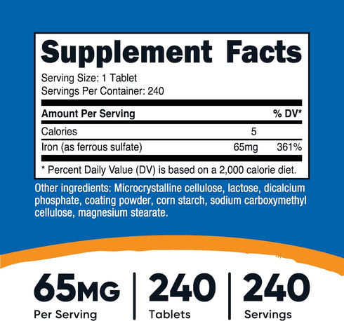 Nutricost Iron (As Ferrous Sulfate) 65mg, 240 Tablets - Non-GMO, Gluten Free...