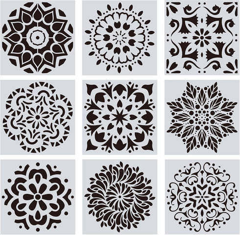 Woohome 18 PCS Reusable Stencils Painting Drawing Mandala, 9 PCS 12 x 12 Inch Painting Template and 9 PCS 6 x 6 Inch Painting Stencils for DIY Roc...