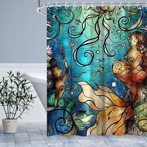 LIVILAN Mermaid Shower Curtain, Jellyfish Fabric Bathroom Curtains Set with Hooks Marine Ocean Animals Bathroom Decor Washable 72x72 Inches...