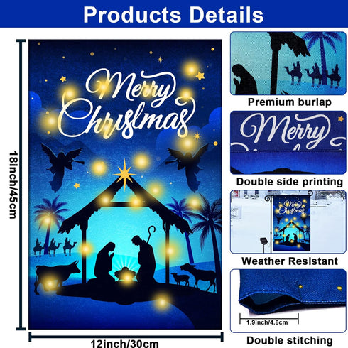 Nativity Christmas Lighted Garden Flag Christmas Outside Decor Solar LED Burlap Religious Merry Christmas Yard Flag Rustic Holy Night Farmhouse Ya...