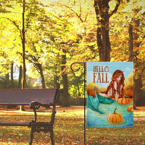 Hello Fall Lake Mermaid Home Decorative Garden Flag, Autumn Lakehouse Pumpkin Yard Lawn Outside Decor, Seasonal Outdoor Small Burlap Decoration Do...