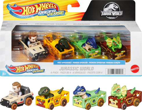 Hot Wheels Toy Cars, RacerVerse 4-Pack of Die-Cast Vehicles Featuring Jurassic World Characters Charlie, Owen, Dilophosaurus & Allosaurus as Drive...