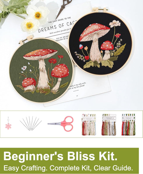 Santune 3 Sets Embroidery Kit for Beginners,Cross Stitch Needlepoint Kits for Adults Starter Easy Stamped Mushroom Pattern Fabric Hand Crafts,Hoop...