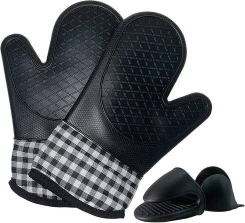 4pcs Set Oven Gloves and Pot Holder Set, Heat-Resistant 500 Degree, with Mini Oven Gloves and Insulation Clips, Non-Slip Food-Grade Long Oven Glov...