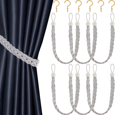 Blulu 6 Pieces Braided Curtain Tiebacks Rope Belt Curtain Ties and 6 Pieces Hooks Metal Curtain Tieback Hooks for Window Curtain Accessories (Silv...