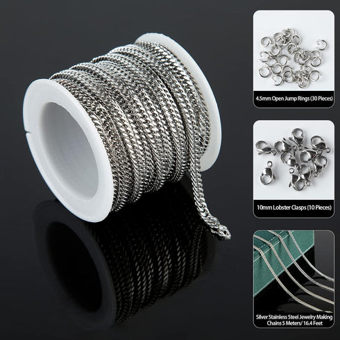 Silver Chain Bulk Jewelry Making Supplies 304 Stainless Steel Link Chain for Necklace Bracelet DIY with Open Jump Rings and Lobster Clasps...