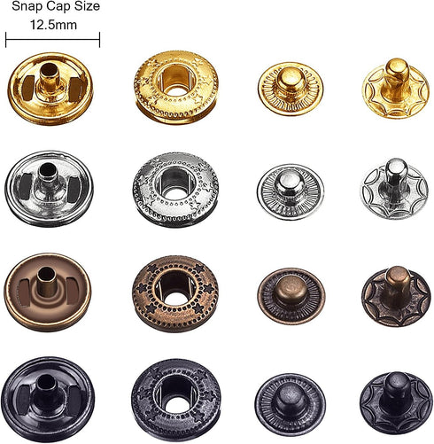 100 Set Snap Fasteners Leather Snaps Button Kit Press Studs with 4 Pieces Fixing Tools, 12.5 mm in Diameter...