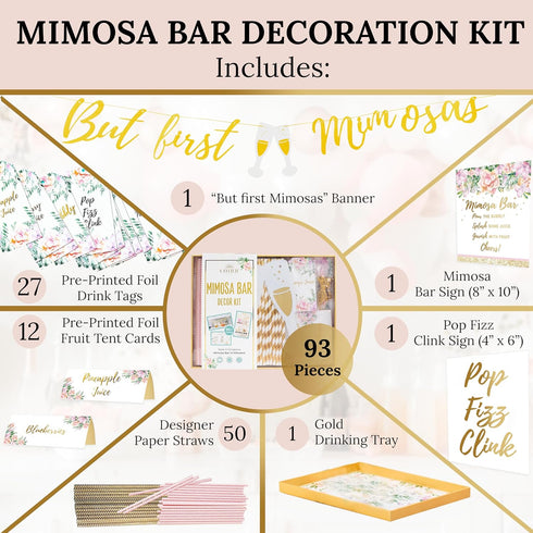93Pcs Deluxe Mimosa Bar Supplies Decoration Kit - Drink Tray, Mimosa Bar Sign, But First Mimosas Banner & More - Bridal Shower Decorations, Birthd...