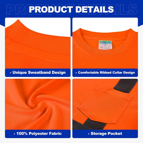 Hi Vis Safety Shirts for Men, Reflective Work Shirts with Sewing Process Reflective Tapes, Class 3 High Visibility Shirts for Men with Pocket, Ora...