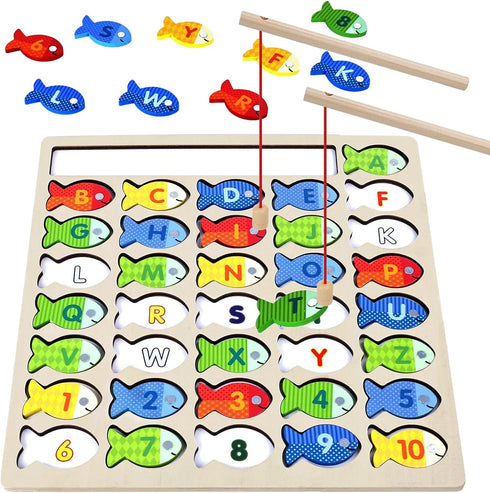 POPLAY Wooden Magnetic Fishing Game, Alphabet Fish Catching Counting Games Montessori Fine Motor Skills Toy with Letters and Numbers for Early Lea...