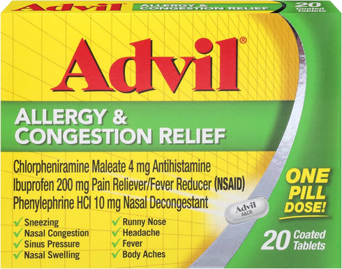 Advil Allergy and Congestion Relief Tablets, Pain Reliever, Fever Reducer and Allergy Relief with Ibuprofen, Phenylephrine HCl and Chlorpheniramin...