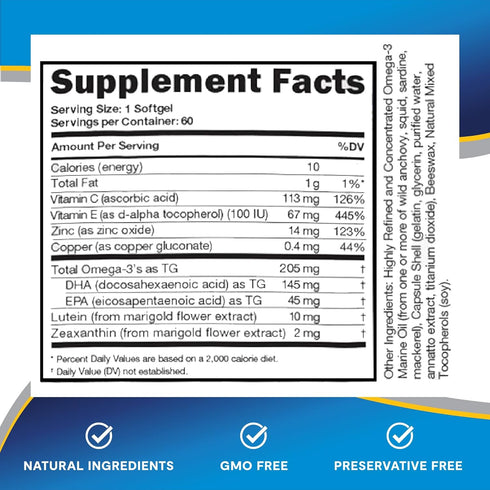 Eye Vitamin and Mineral Supplement with Zinc, Vitamins C & E, Omega 3, Lutein & Zeaxanthin - 60 Count...