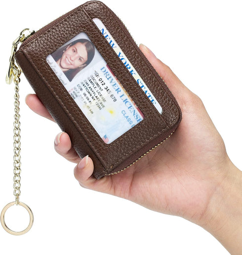 imeetu RFID Credit Card Wallet, Genuine Leather Zipper Card Case Holder with Removable Keychain(Brown)...