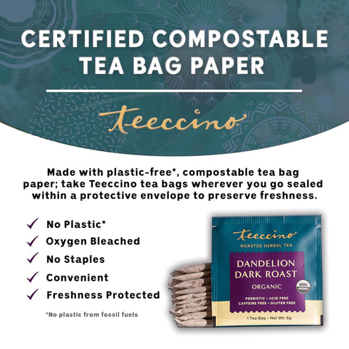 Teeccino Dandelion Dark Roast Tea - Caffeine Free, Organic, Roasted Herbal Tea with Prebiotics, 3x More Herbs than Regular Tea Bags - Gluten-Free,...