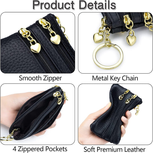 imeetu Leather Coin Keychain Purse for Women, Small Change Purse for Coins, Coin Pouch Wallet with 4 Zippered Pockets (Black)...