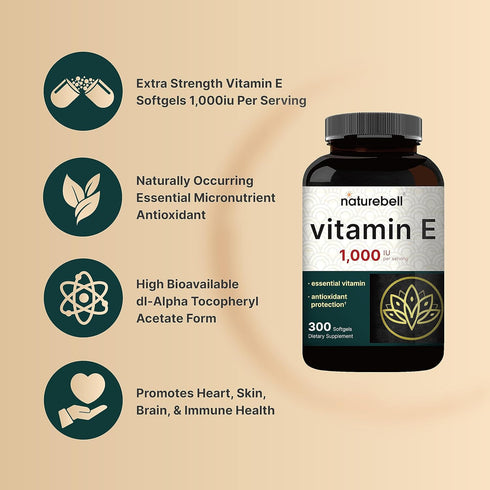 NatureBell Vitamin E Oil Softgels, 1,000 IU Per Serving, 300 Pills | Essential Antioxidant Supplements, Easily Absorbed Form – Supports Skin, Hear...