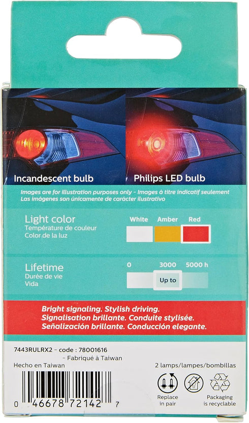 Philips Automotive Lighting 7443RLED Ultinon LED Replacement Bulb for Stop and Tail Lights, Bright Red, 2 Pack...