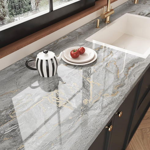 Grey Gold Marble Contact Paper Countertops 17.71"x120" Glossy Marble Wallpaper Peel and Stick for Kitchen Counter Top Cover Bathroom Camper Counte...