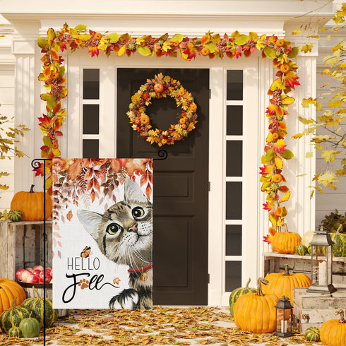Fall Cat Garden Flags 12x18 Inch Double Sided, Hello Fall Cat Maple Small Yard Flags Seasonal Decorations for Outdoor...