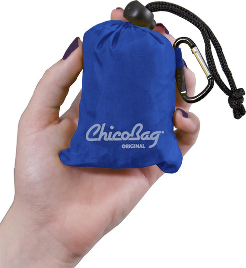 ChicoBag Original Compact Reusable Grocery Bag with Attached Pouch and Carabiner Clip- 4 Pack Blue...