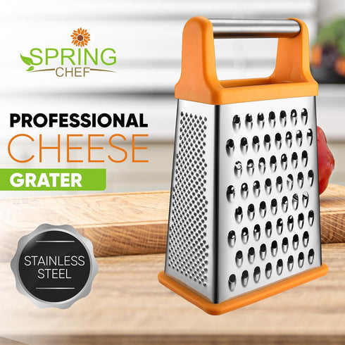Spring Chef Handheld Stainless Steel XL Parmesan Cheese Grater with Handle - 4 Sided Manual Box Grater for Kitchen - Dishwasher Safe Cheese Shredd...