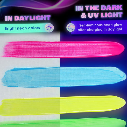 neon nights 2-IN-1 Glow In The Dark Acrylic Paint Set Glows in the Dark & under UV Blacklight - Set of 8 Self-Luminous Neon Paints for Halloween -...