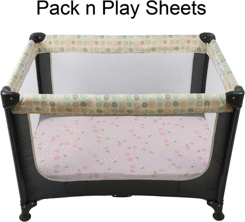 Pack n Play Playard Fitted Sheets 2 Pack Set for Baby Girl Soft Stretchy Jersey Knit Portable Mini Crib Mattress Cover, Pink Floral...