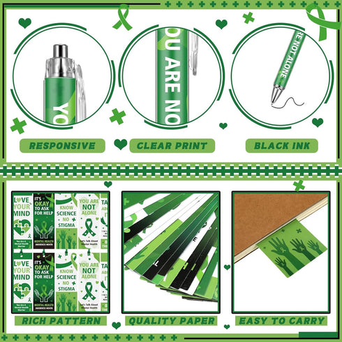 48 Pcs Mental Health Awareness Items Mental Health Awareness Pen World Mental Health Day Retractable Ballpoint Pen and Bookmarks Green Ribbon Pen ...