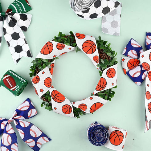 4 Rolls 20 Yards Sports Themed Wired Edge Ribbon, 2.5" Football Baseball Basketball Soccer Printed Burlap Ribbon for Birthday Sports Camp Party De...