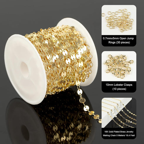 YOUBEIYEE 16.4 Feet Light Gold Sequin Chain for Jewelry Making Solid Brass 16K Gold Plated Jewelry Chain Bulk Bracelet Necklace DIY Jewelry Suppli...