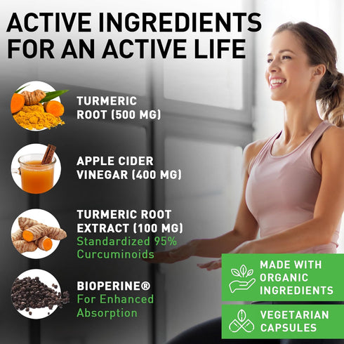 120 Capsules of USDA Organic Turmeric Root Powder, USDA Organic Ginger Powder and Apple Cider Vinegar Powder with Curcumin (95% Curcuminoids) and ...