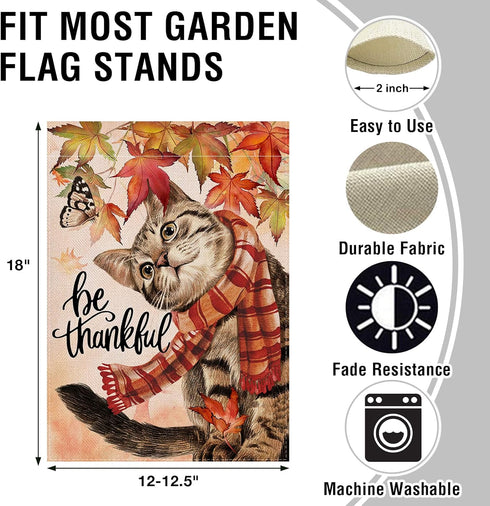 Be Thankful Cat Home Decorative Fall Garden Flag, Autumn Yard Lawn Maple Leaves Outside Decor, Thanksgiving Farmhouse Outdoor Small Burlap Decorat...