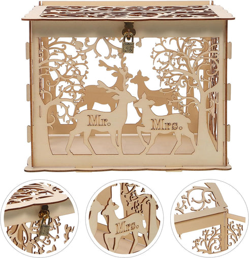 Amosfun Wooden Vinatge Wedding Card Box DIY Rustic Hollow Wedding Box with Lock Key and Rubber Rings for Bridal Shower Party Decorations (1 Key 12...