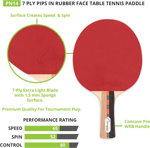 Champion Sports Pro Series Rubber Face Table Tennis Paddle - Multiple Speed Ratings...