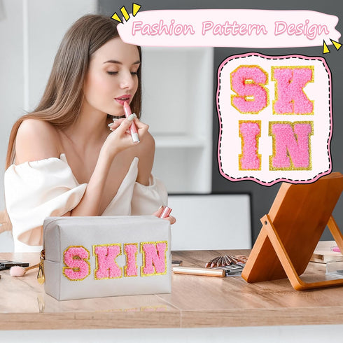 Preppy Skincare Bag, Skin Patch Makeup Bag for Daily Use, Premium Waterproof PU Leather Cosmetic Bag for Teen Girls & Women, Travel Organizer Cute...