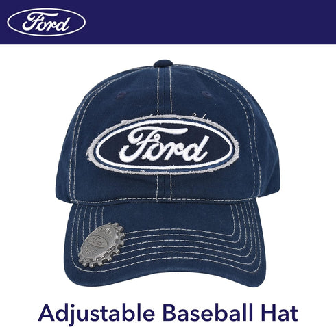 Ford Washed Cotton Adjustable Baseball Hat with Curved Brim and Bottle Opener, Navy Blue, One Size...