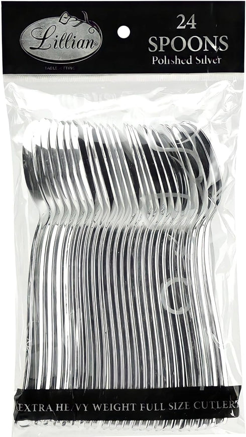 Plastic Cutlery Silverware Extra Heavyweight Disposable Flatware, Full Size Plastic Spoons Like Silver 24 Pack...