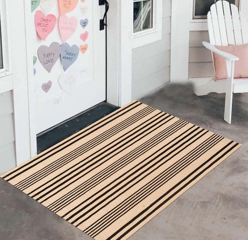 Black and Khaki Door Mat Outdoor Rug 24'' x 35'' Front Porch Rug Washable Entryway Rug Striped Layered Door Mats Hand-Woven Indoor/Outdoor Small A...