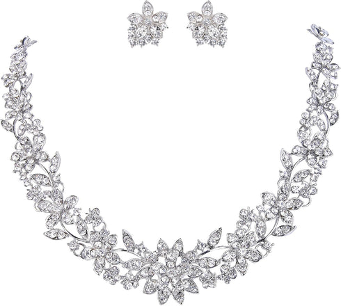 EVER FAITH Bridal Austrian Crystal Jewelry Set, Elegant Cluster Flower Leaf Necklace Earrings Set for Women...